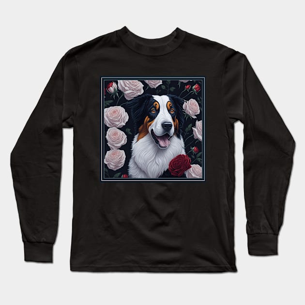 Australian Shepherd white roses Long Sleeve T-Shirt by xlhombat